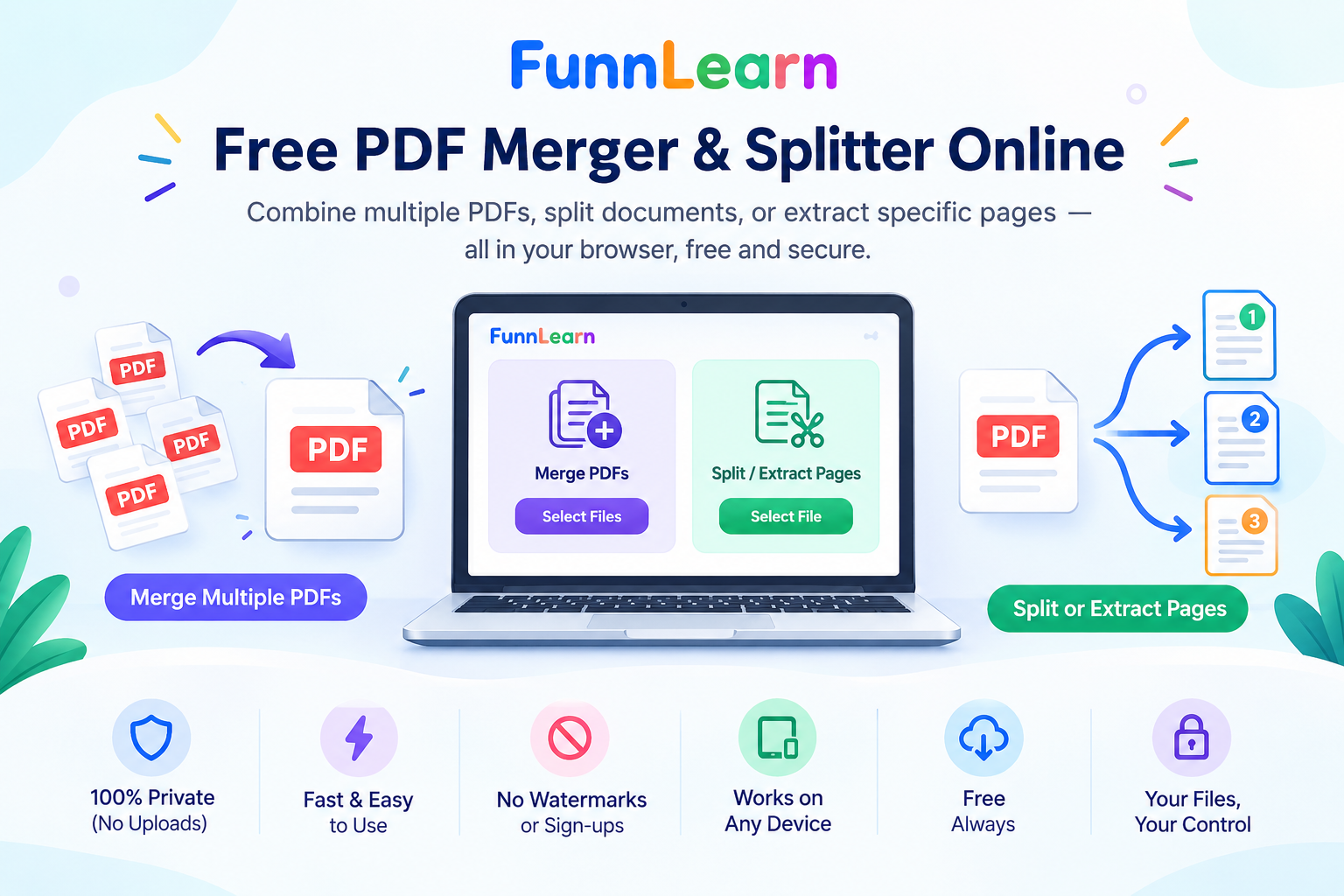 Free PDF merger and splitter online tool by FunnLearn to combine PDFs, split documents, and extract pages