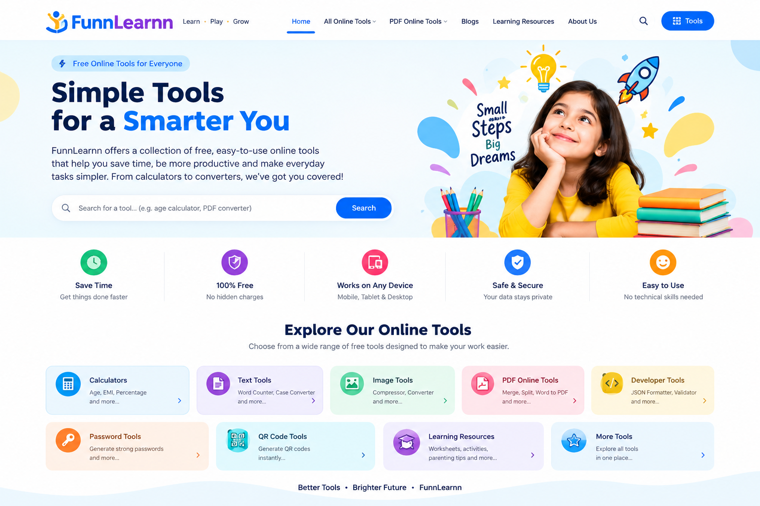 FunnLearnn free online tools including calculators, text converters, image tools and PDF tools