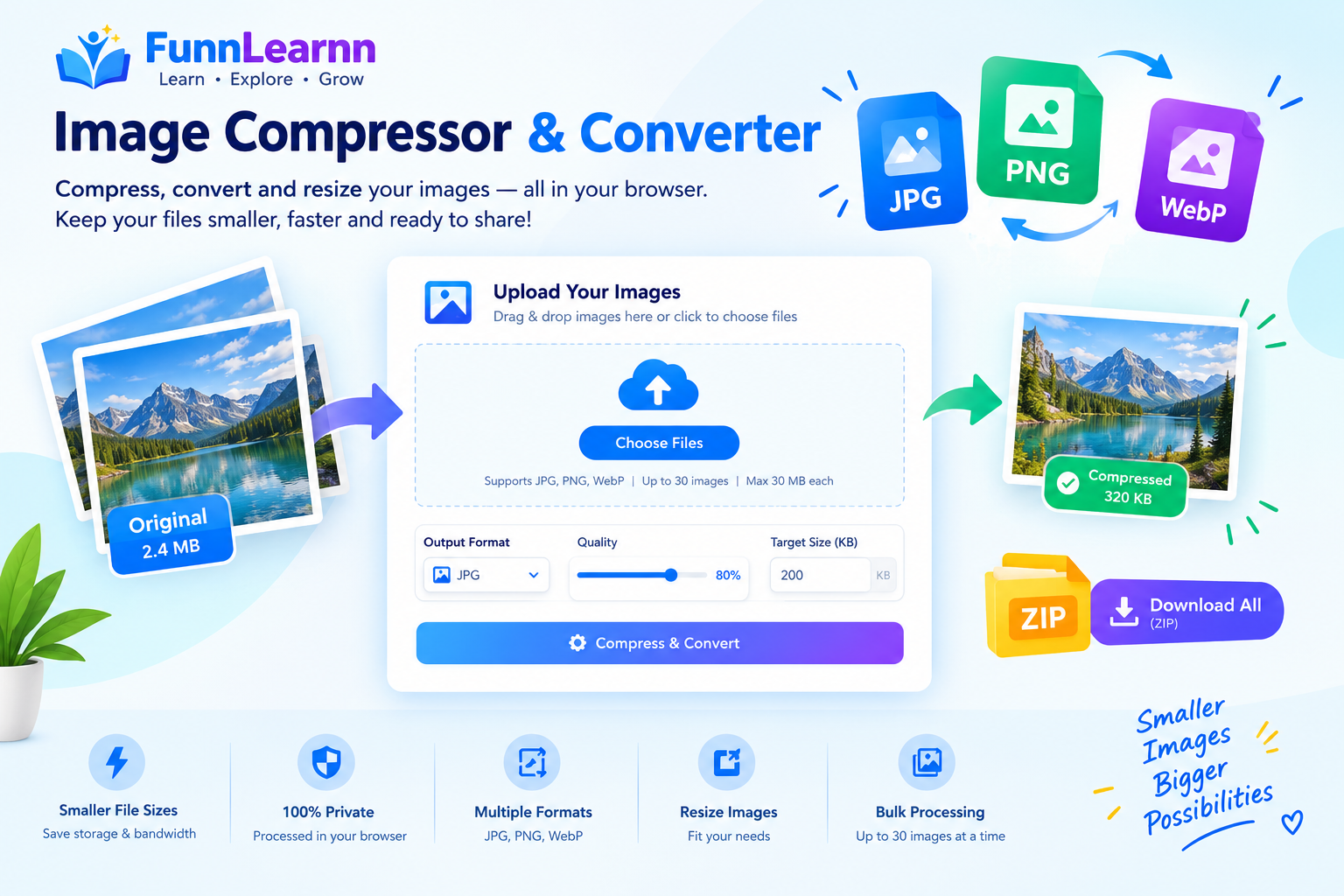 Free online image compressor and converter for JPG PNG and WebP images